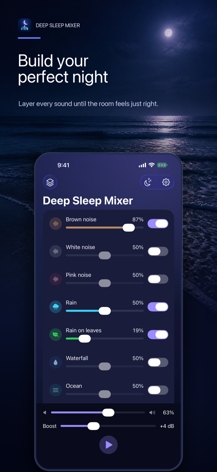 Deep Sleep Mixer screen showing custom sound layers
